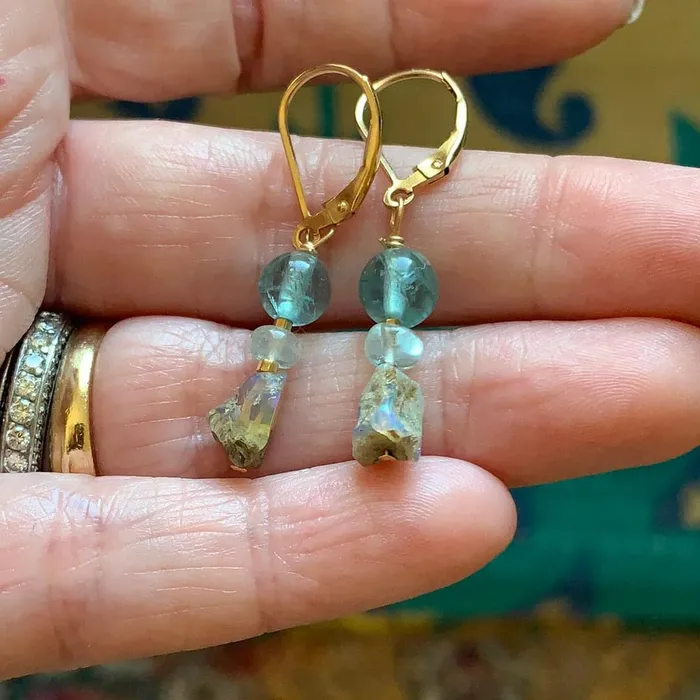 Love Vintage Paris Earrings Opal Apatite and Aquamarine Earrings Gold Filled Handmade