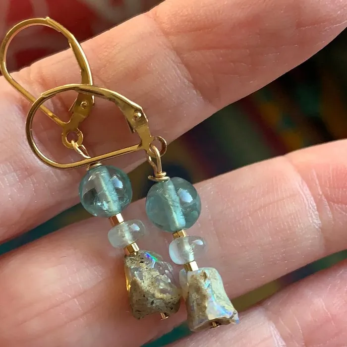 Love Vintage Paris Earrings Opal Apatite and Aquamarine Earrings Gold Filled Handmade