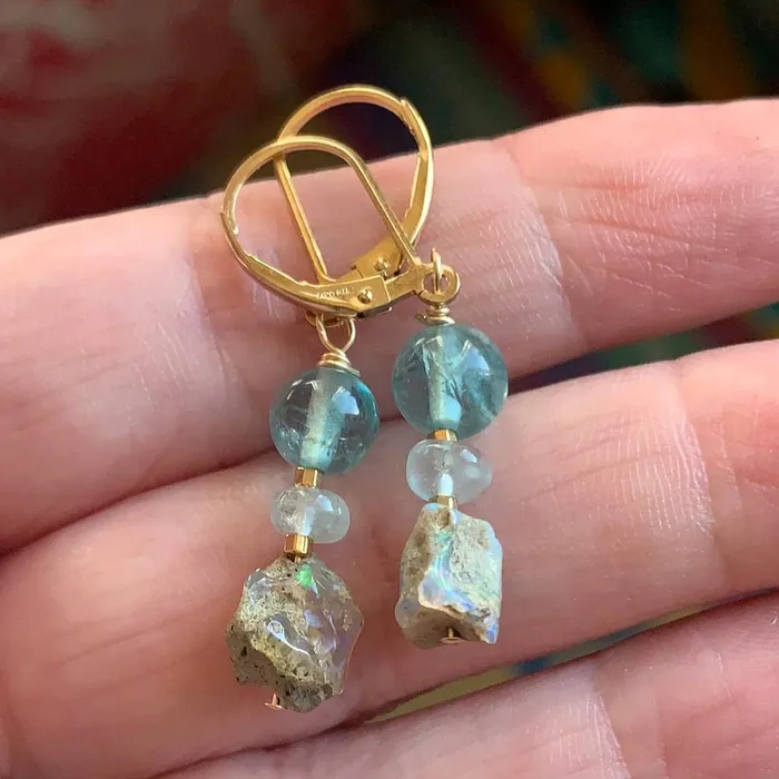 Love Vintage Paris Earrings Opal Apatite and Aquamarine Earrings Gold Filled Handmade