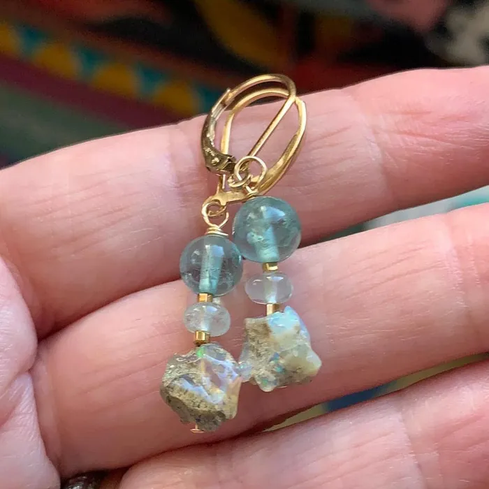 Love Vintage Paris Earrings Opal Apatite and Aquamarine Earrings Gold Filled Handmade
