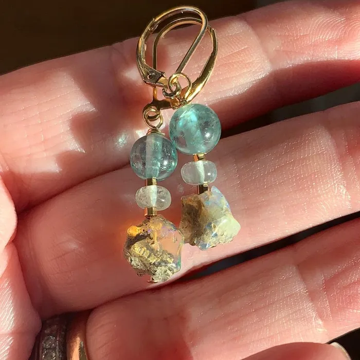 Love Vintage Paris Earrings Opal Apatite and Aquamarine Earrings Gold Filled Handmade