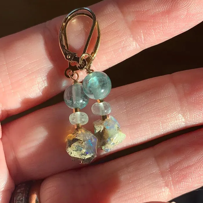 Love Vintage Paris Earrings Opal Apatite and Aquamarine Earrings Gold Filled Handmade