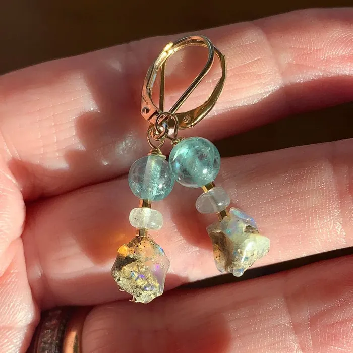 Love Vintage Paris Earrings Opal Apatite and Aquamarine Earrings Gold Filled Handmade