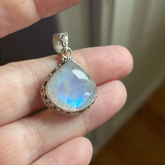 Moonstone Teardrop Pendant Closed Back Sterling Silver Modern Vintage Paris Jewelry Necklaces