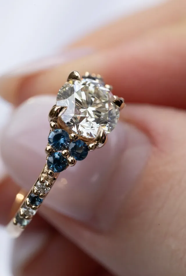 Nature Inspired Floral Diamond and Sapphire Engagement Ring 14K Gold Albrecht Jewellery Rings