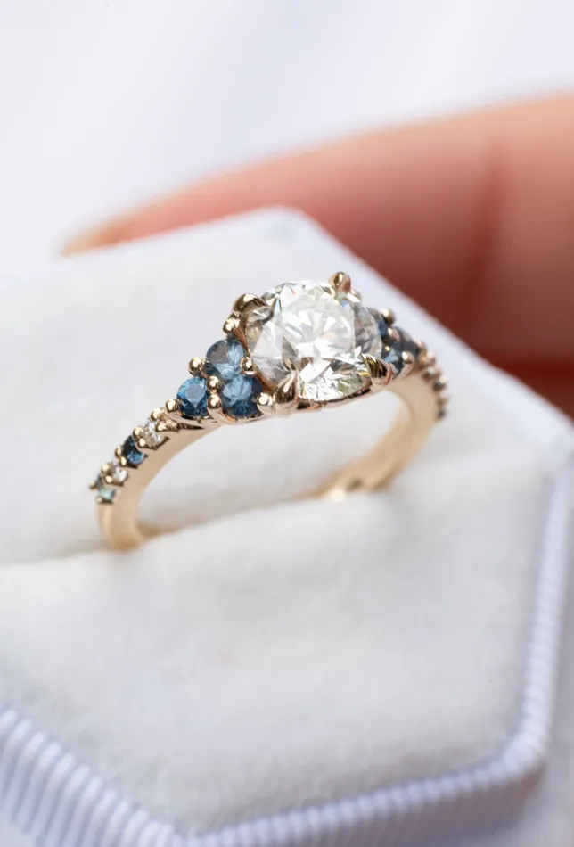Nature Inspired Floral Diamond and Sapphire Engagement Ring 14K Gold Albrecht Jewellery Rings