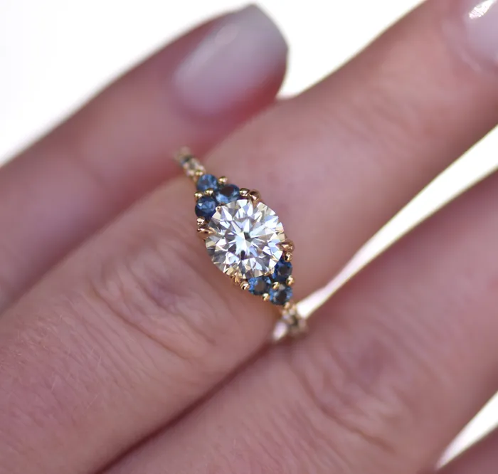 Nature Inspired Floral Diamond and Sapphire Engagement Ring 14K Gold Albrecht Jewellery Rings