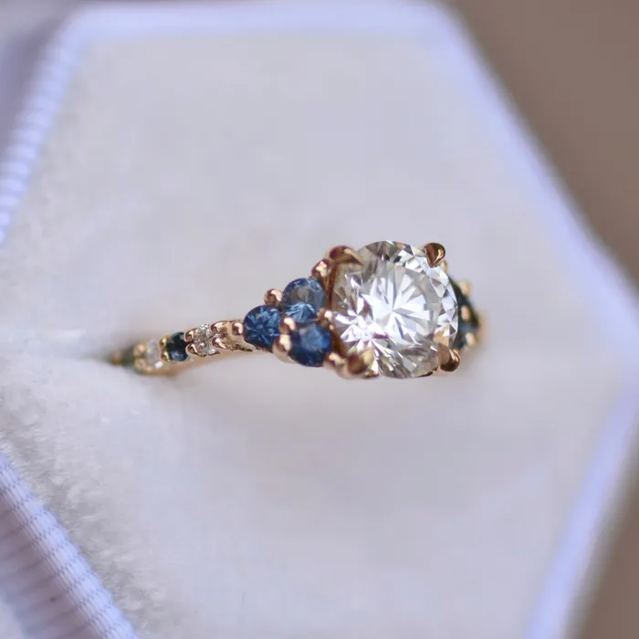 Nature Inspired Floral Diamond and Sapphire Engagement Ring 14K Gold Albrecht Jewellery Rings