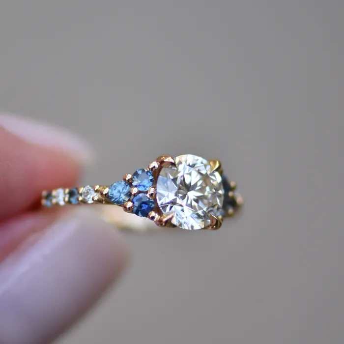 Nature Inspired Floral Diamond and Sapphire Engagement Ring 14K Gold Albrecht Jewellery Rings