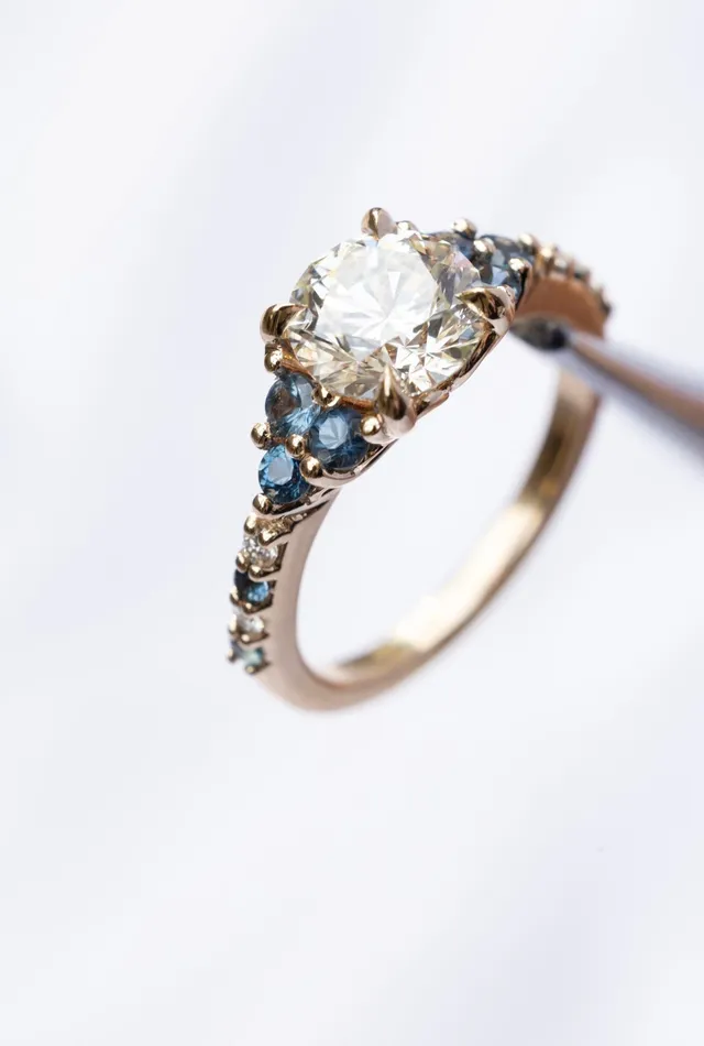 Nature Inspired Floral Diamond and Sapphire Engagement Ring 14K Gold Albrecht Jewellery Rings