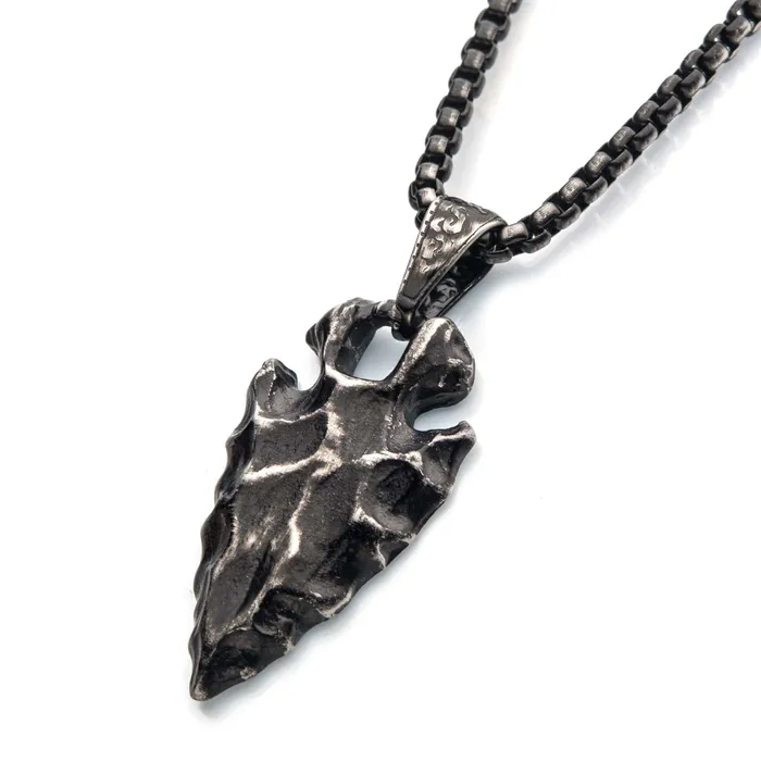 Necklaces INOX JEWELRY Gunmetal Silver Tone Stainless Steel Chiseled Arrowhead Pendant with Box Chain