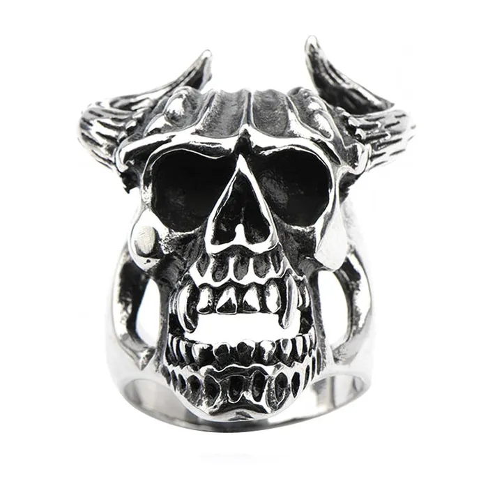 Rings INOX JEWELRY Antiqued Silver Tone Stainless Steel Oxidized Skull with Horns Ring