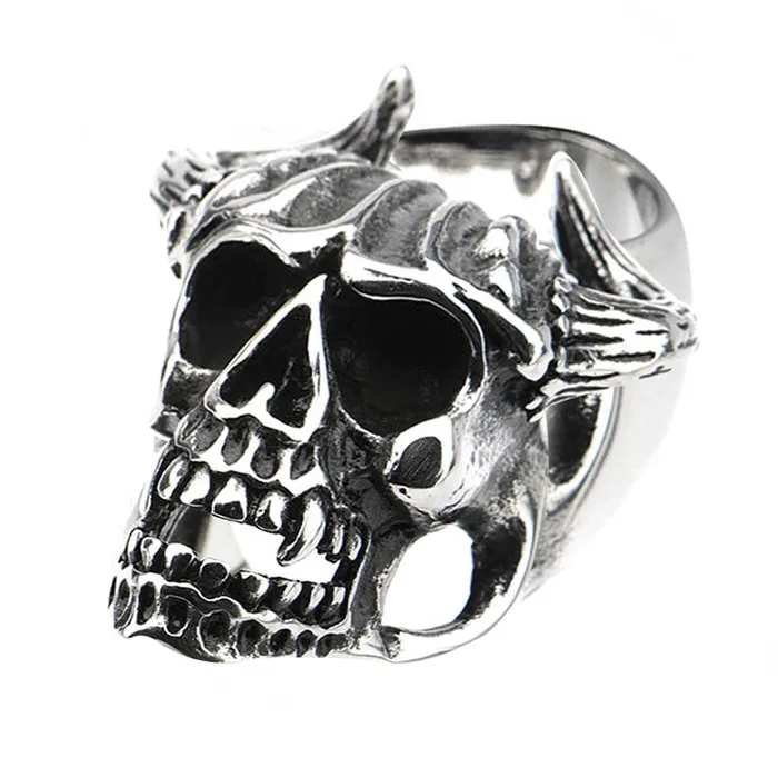 Rings INOX JEWELRY Antiqued Silver Tone Stainless Steel Oxidized Skull with Horns Ring