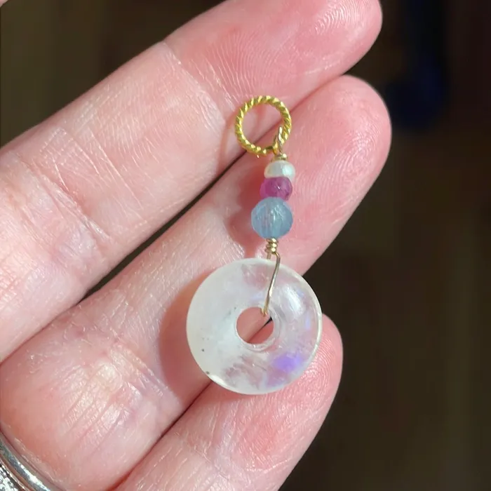 Vintage Paris Jewelry Moonstone Donut Pendant Fluorite Ruby and Pearl Gold Filled Handmade Necklaces