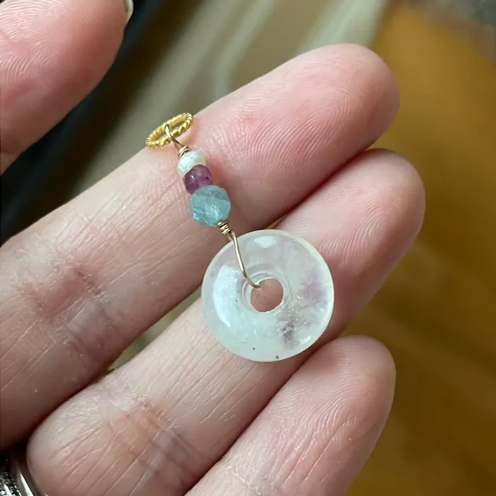 Vintage Paris Jewelry Moonstone Donut Pendant Fluorite Ruby and Pearl Gold Filled Handmade Necklaces