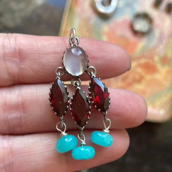 Vintage Paris Jewelry Necklaces Moonstone Garnet Pendant Peruvian Opal Sterling Silver Vintage