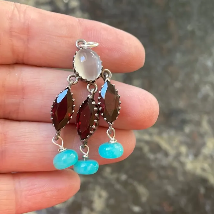 Vintage Paris Jewelry Necklaces Moonstone Garnet Pendant Peruvian Opal Sterling Silver Vintage