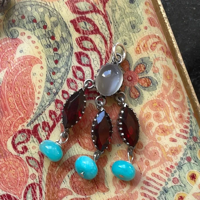 Vintage Paris Jewelry Necklaces Moonstone Garnet Pendant Peruvian Opal Sterling Silver Vintage