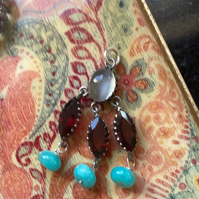 Vintage Paris Jewelry Necklaces Moonstone Garnet Pendant Peruvian Opal Sterling Silver Vintage
