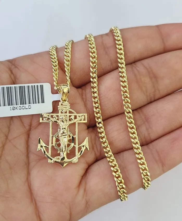 10K Gold Miami Cuban Chain Jesus Anchor Charm 1828 3mm REAL Pendant Necklace Gold and Diamond Necklaces 10K Gold Miami Cuban Chain Jesus Anchor Charm 1828 3mm REAL Pendant Necklace Gold and Diamond Necklaces