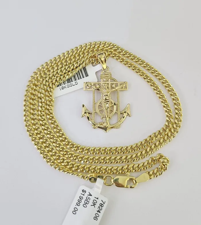 10K Gold Miami Cuban Chain Jesus Anchor Charm 1828 3mm REAL Pendant Necklace Gold and Diamond Necklaces