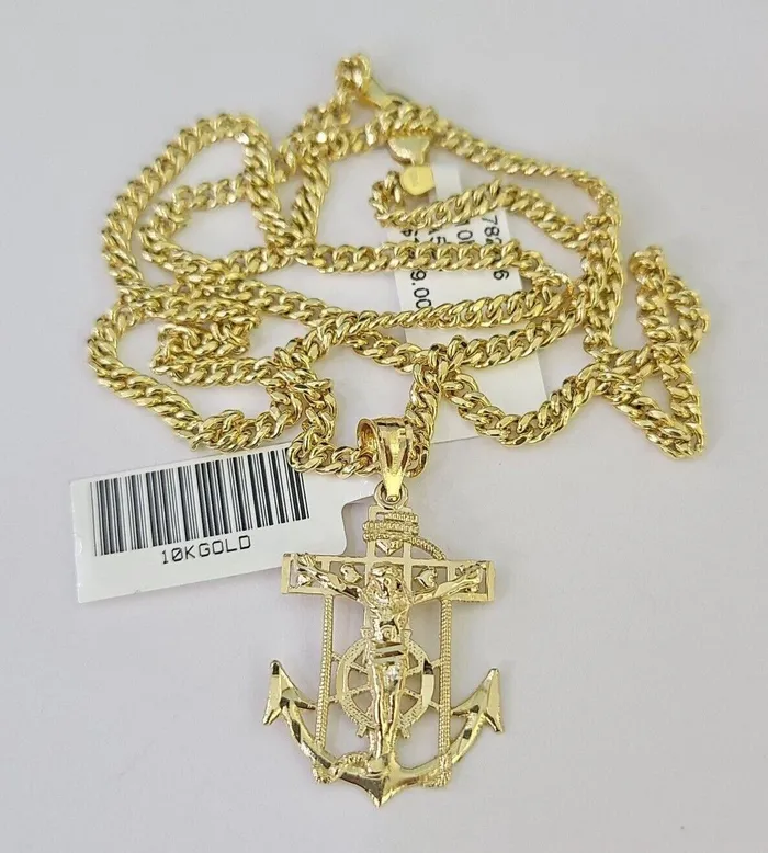 10K Gold Miami Cuban Chain Jesus Anchor Charm 1828 3mm REAL Pendant Necklace Gold and Diamond Necklaces