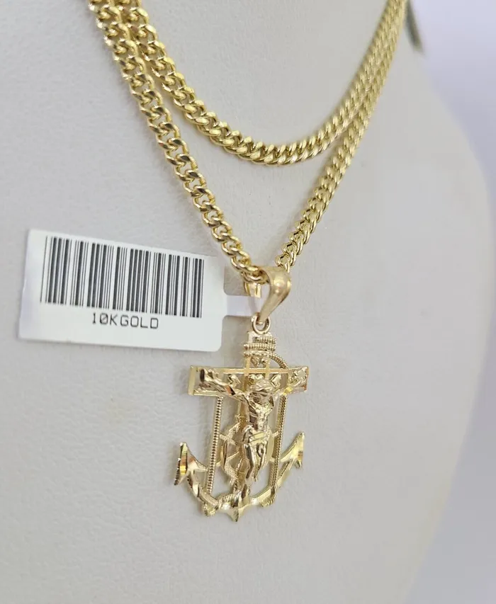 10K Gold Miami Cuban Chain Jesus Anchor Charm 1828 3mm REAL Pendant Necklace Gold and Diamond Necklaces