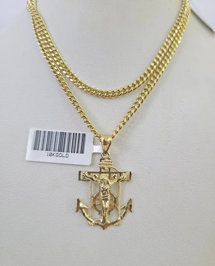 10K Gold Miami Cuban Chain Jesus Anchor Charm 1828 3mm REAL Pendant Necklace Gold and Diamond Necklaces