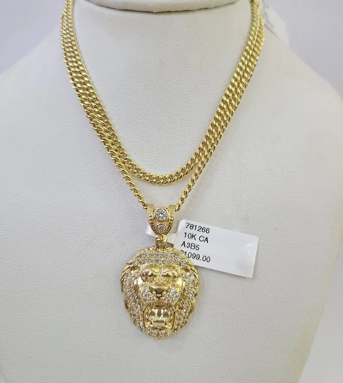 10K Gold Miami Cuban Chain Roaring Lion 1828 3mm REAL Pendant Necklace SET Gold and Diamond Necklaces 10K Gold Miami Cuban Chain Roaring Lion 1828 3mm REAL Pendant Necklace SET Gold and Diamond Necklaces