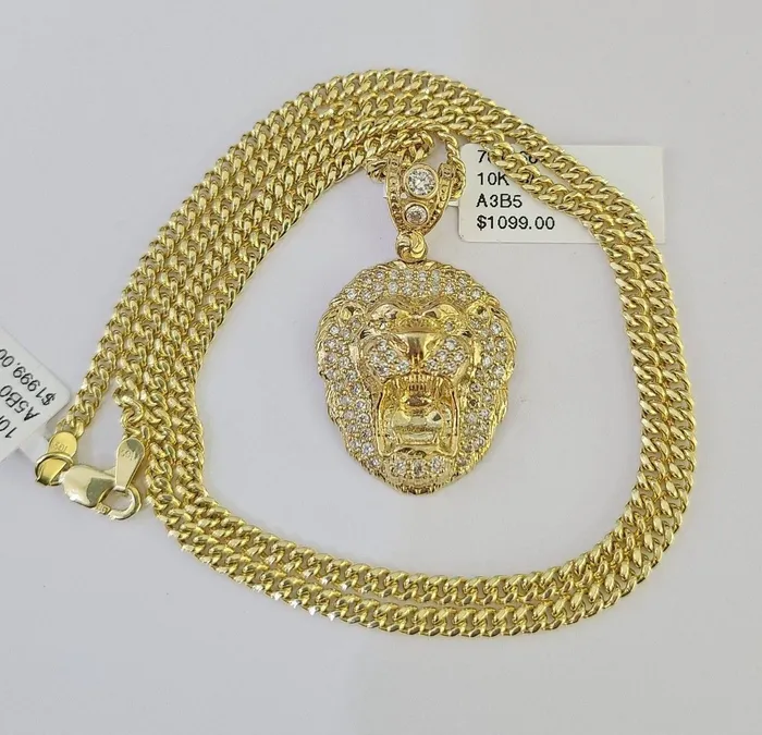 10K Gold Miami Cuban Chain Roaring Lion 1828 3mm REAL Pendant Necklace SET Gold and Diamond Necklaces
