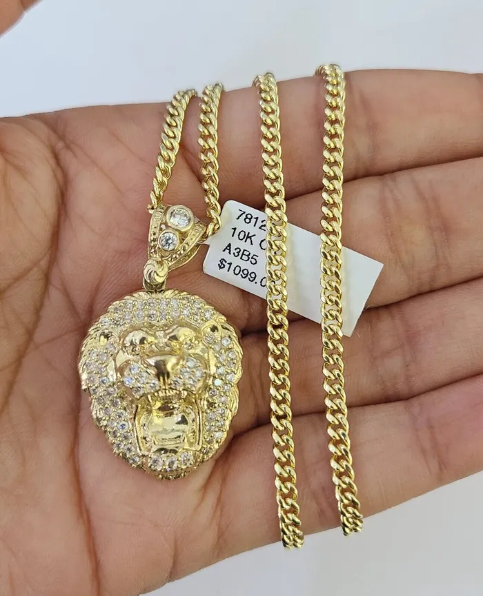 10K Gold Miami Cuban Chain Roaring Lion 1828 3mm REAL Pendant Necklace SET Gold and Diamond Necklaces