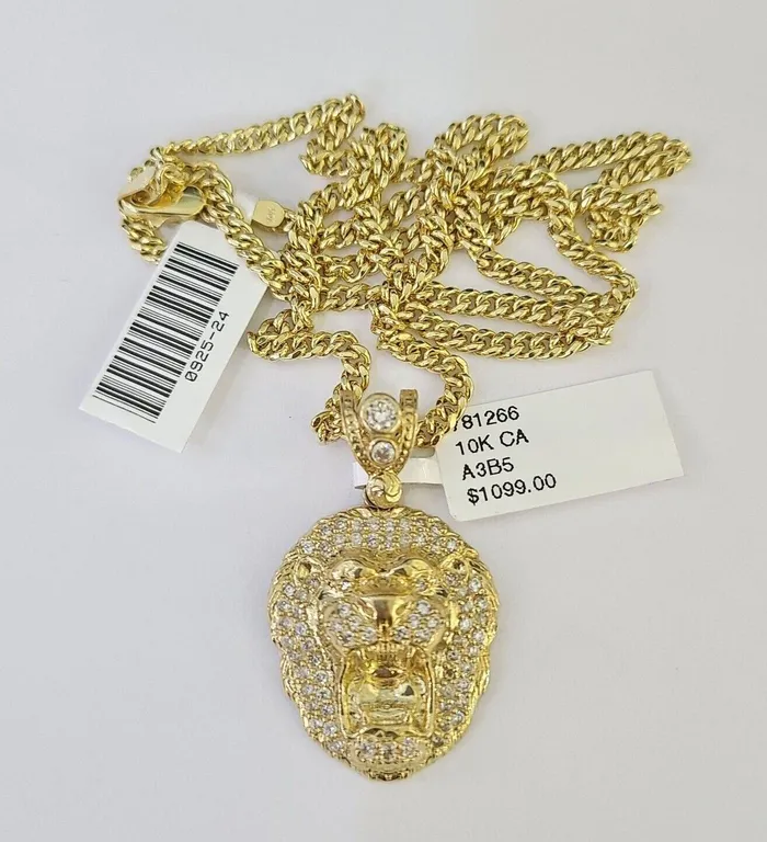 10K Gold Miami Cuban Chain Roaring Lion 1828 3mm REAL Pendant Necklace SET Gold and Diamond Necklaces