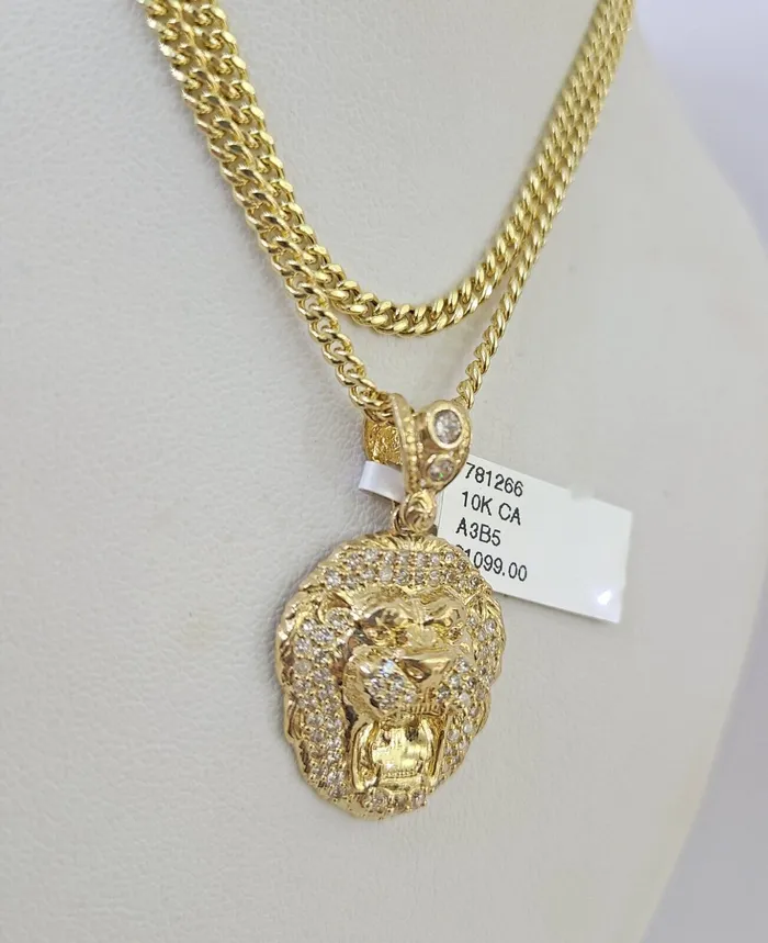10K Gold Miami Cuban Chain Roaring Lion 1828 3mm REAL Pendant Necklace SET Gold and Diamond Necklaces