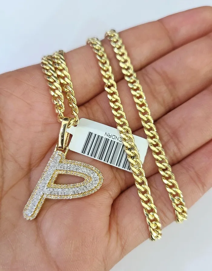 10k Miami Cuban Chain Diamond P Initial Charm Set 4mm 1828 Necklace Gold Gold and Diamond Necklaces