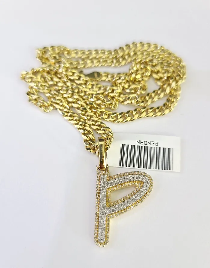 10k Miami Cuban Chain Diamond P Initial Charm Set 4mm 1828 Necklace Gold Gold and Diamond Necklaces