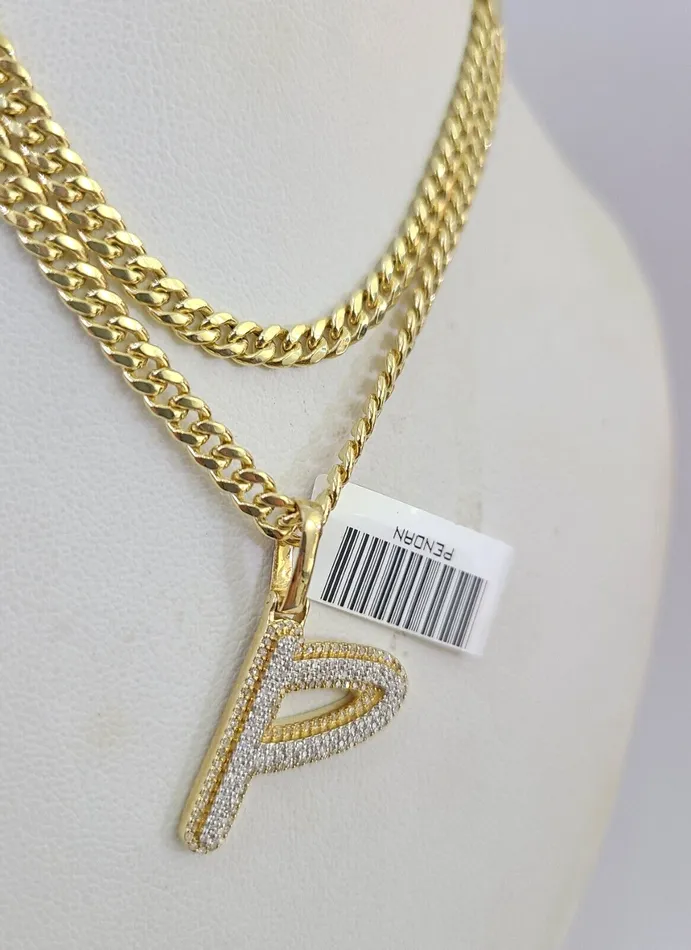10k Miami Cuban Chain Diamond P Initial Charm Set 4mm 1828 Necklace Gold Gold and Diamond Necklaces