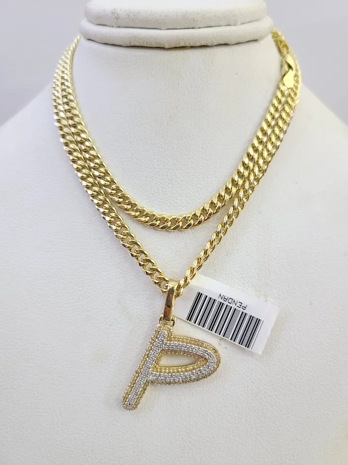 10k Miami Cuban Chain Diamond P Initial Charm Set 4mm 1828 Necklace Gold Gold and Diamond Necklaces