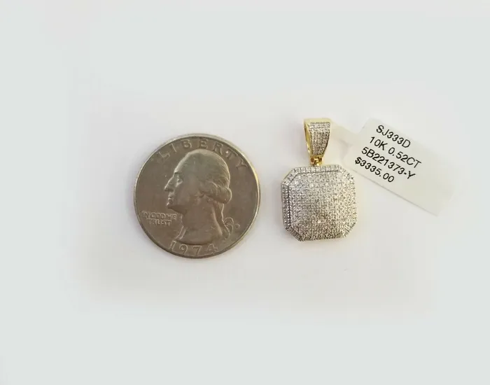 10K Yellow Gold 052CT Real Diamond Pillow Charm 1Inch Square 3D Dome Pendant Gold and Diamond Charm Necklaces