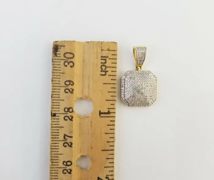 10K Yellow Gold 052CT Real Diamond Pillow Charm 1Inch Square 3D Dome Pendant Gold and Diamond Charm Necklaces