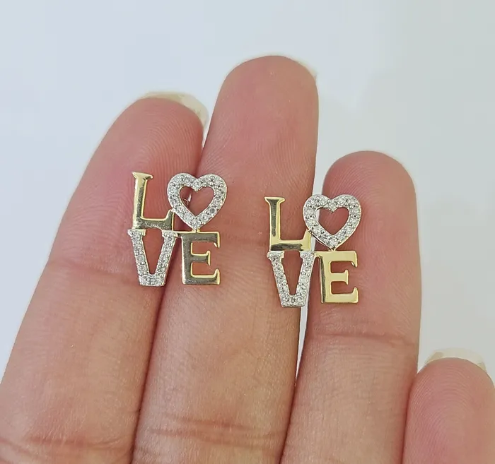 10k Yellow gold LOVE Heart Earrings Real Diamond screwback Women Men studs Gold and Diamond Earrings 10k Yellow gold LOVE Heart Earrings Real Diamond screwback Women Men studs Gold and Diamond Earrings