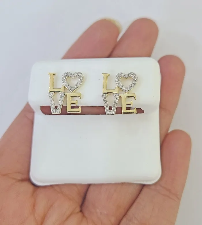 10k Yellow gold LOVE Heart Earrings Real Diamond screwback Women Men studs Gold and Diamond Earrings
