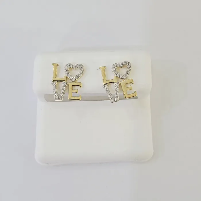 10k Yellow gold LOVE Heart Earrings Real Diamond screwback Women Men studs Gold and Diamond Earrings