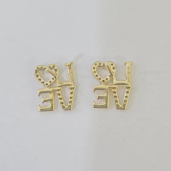 10k Yellow gold LOVE Heart Earrings Real Diamond screwback Women Men studs Gold and Diamond Earrings