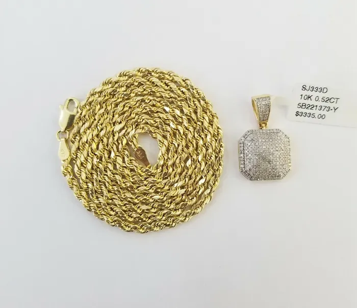 10K Yellow Gold Real Diamond Pillow Charm With 24 3mm gold rope chain Gold and Diamond PreStyled Sets