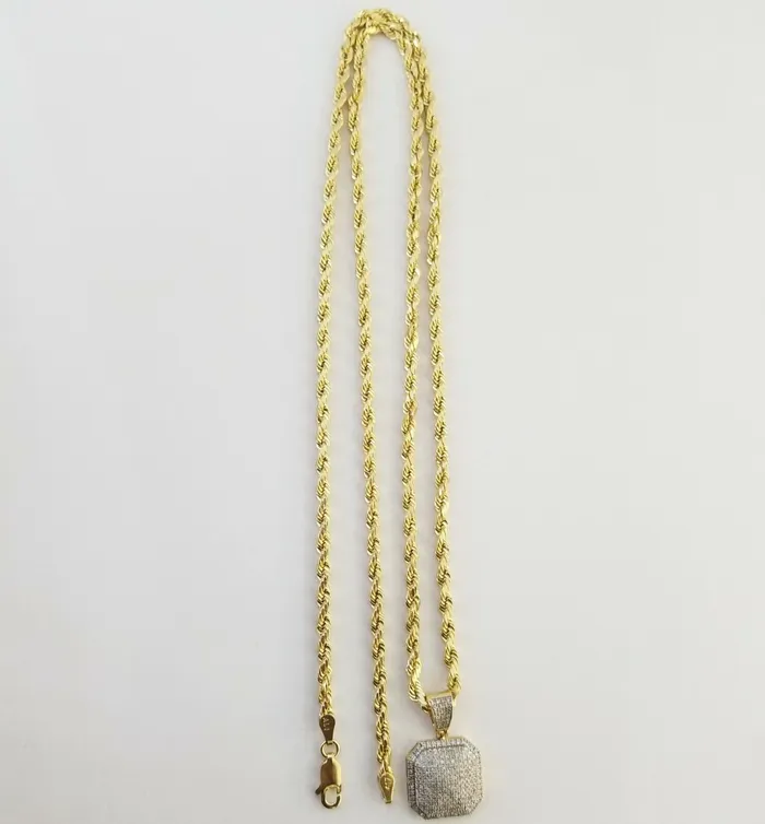 10K Yellow Gold Real Diamond Pillow Charm With 24 3mm gold rope chain Gold and Diamond PreStyled Sets