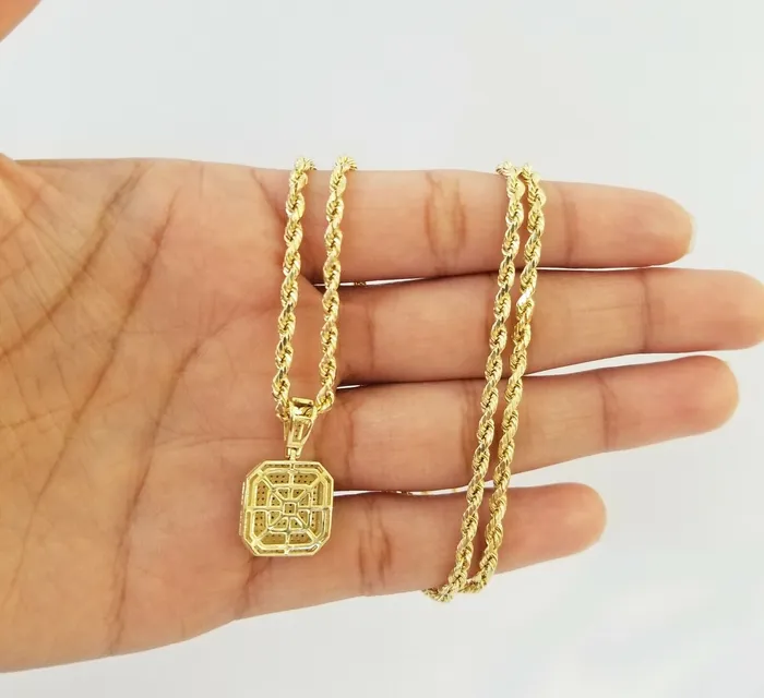10K Yellow Gold Real Diamond Pillow Charm With 24 3mm gold rope chain Gold and Diamond PreStyled Sets