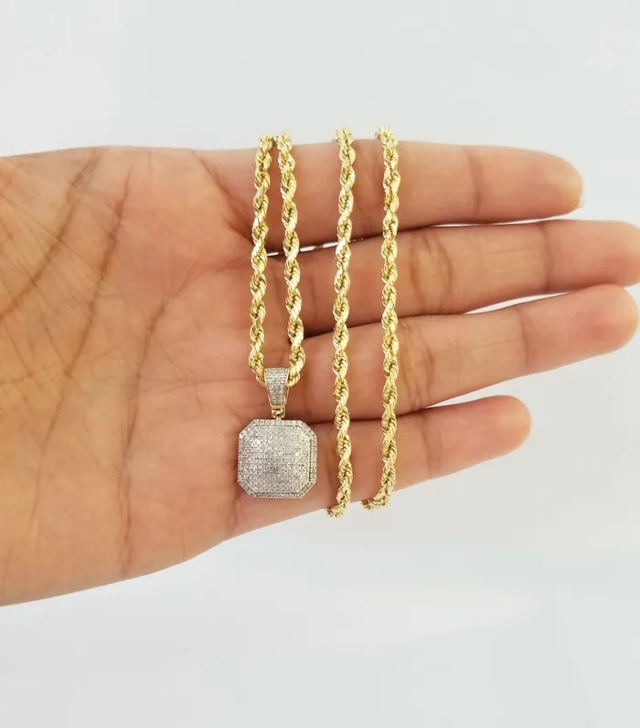 10K Yellow Gold Real Diamond Pillow Charm With 24 3mm gold rope chain Gold and Diamond PreStyled Sets