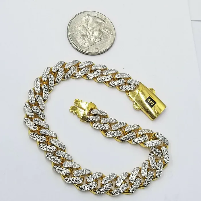 10K Yellow Gold Royal Monaco Cuban Bracelet 85mm Long Diamond Cut 85 Gold and Diamond Bracelets