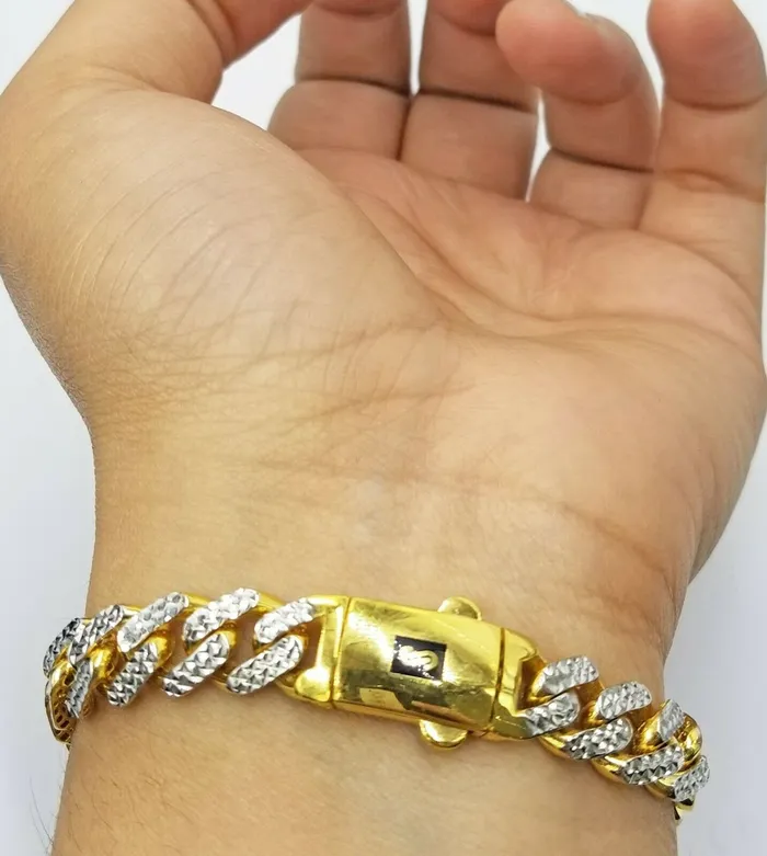 10K Yellow Gold Royal Monaco Cuban Bracelet 85mm Long Diamond Cut 85 Gold and Diamond Bracelets