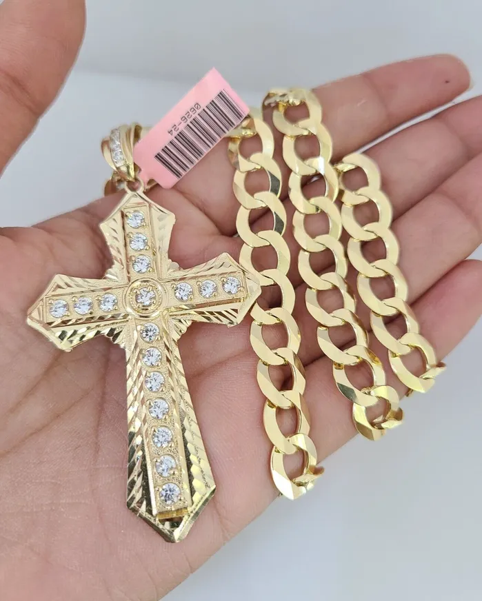 14k Gold Chain Jesus Cross Charm Solid Cuban Curb 10mm 2030 SET Necklace Gold and Diamond Necklaces 14k Gold Chain Jesus Cross Charm Solid Cuban Curb 10mm 2030 SET Necklace Gold and Diamond Necklaces